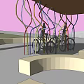 Outdoor Landscape Pavilion With Colorful Curved Structures Parked Bicycles And Curved Seating Area