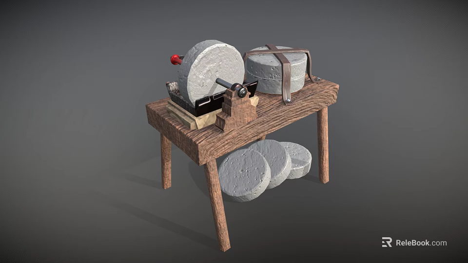 Garden Decorative Ornaments With Wooden Table Stone Mill Bound Stones And Round Slabs 3d model 