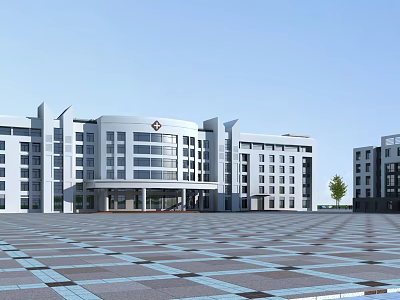 Modern Medical Office Building Exterior With Geometric Plaza Pavement And Trees Under Blue Sky 3d model