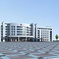 Modern Medical Office Building Exterior With Geometric Plaza Pavement And Trees Under Blue Sky