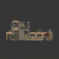 3D Storage Room Scene With Wooden Metal Shelves Cabinets Long Table Barrel Crates And Bags