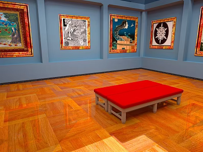 Art Gallery Interior With Framed Artworks On Blue Walls Wooden Parquet Floor And Red Bench 3d model