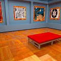 Art Gallery Interior With Framed Artworks On Blue Walls Wooden Parquet Floor And Red Bench