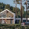 Modern Detached House With Large Glass Windows And Wooden Exterior Surrounded by Trees