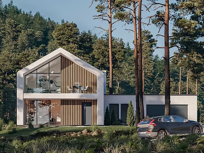 Modern Detached House With Large Glass Windows And Wooden Exterior Surrounded by Trees 3d model