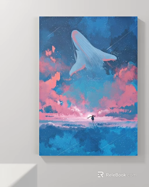 Fantasy Landscape Painting with Giant Whale in Sky Pink Blue Clouds and Person on Sea 3d model 