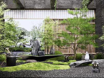 Traditional Karesansui Zen Garden With Gravel Moss Stones Bamboo Screen And Stone Lanterns 3d model