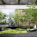 Traditional Karesansui Zen Garden With Gravel Moss Stones Bamboo Screen And Stone Lanterns