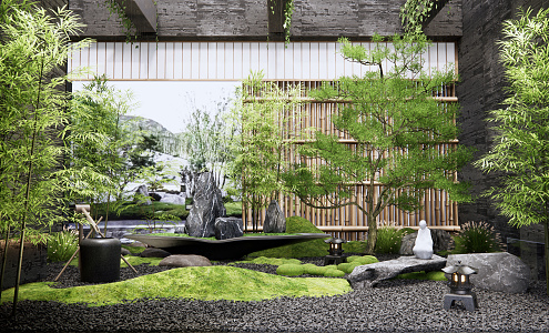 Japanese style landscape sketch courtyard landscape sketch dry landscape stone landscape stone landscape tree sculpture ornaments pebbles moss bamboo 3d model