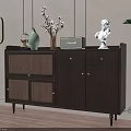 Modern Dark Wood Entryway Cabinet Sideboard With Decorative Vase Dried Flowers Bust Hanging Lantern Light