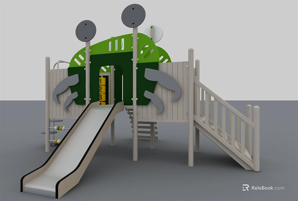 Wooden Playground Equipment With Slide Steps And Frog Themed Decoration 3d model 