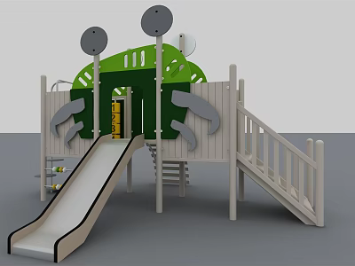 Wooden Playground Equipment With Slide Steps And Frog Themed Decoration 3d model