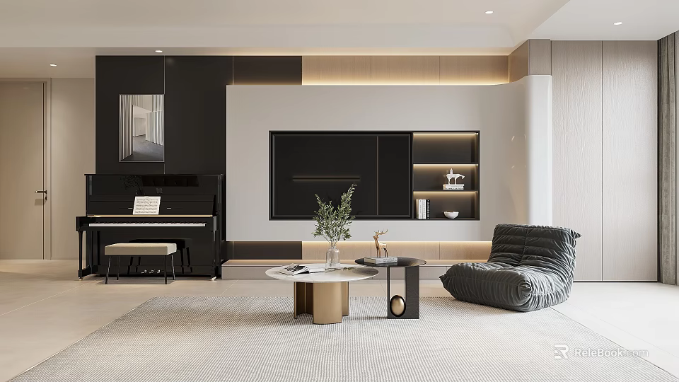 Modern Living Room With Piano TV Wall And Round Sofa 3d model 