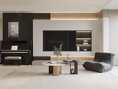 Modern Living Room With Piano TV Wall And Round Sofa 3d model