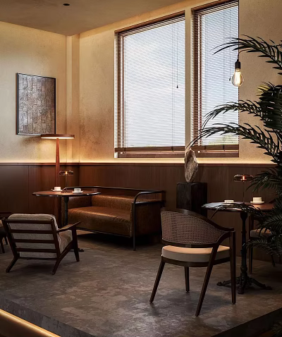 Café Interior With Brown Sofa Rattan Chairs Round Tables Lamps Wall Art And Green Plants 3d model