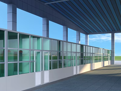 Modern Commercial Street With Glass Curtain Walls Spacious Walkway And Blue Roof 3d model