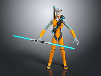 Green Skinned Alien Character In Orange Outfit Holding Blue Lightsaber And Backpack Device 3d model