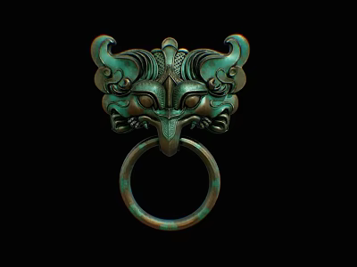 Vintage Bronze Landscape Sculpture With Mythical Beast Head And Circular Ring 3d model