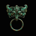 Vintage Bronze Landscape Sculpture With Mythical Beast Head And Circular Ring