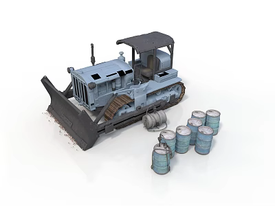 Industrial Equipment Crawler Type Bulldozer with Metal Drums and Construction Elements 3d model