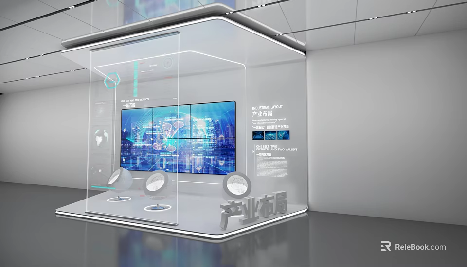 Hi tech Exhibition Hall with Transparent Display Case and Large Screens Showing Industry Development 3d model
