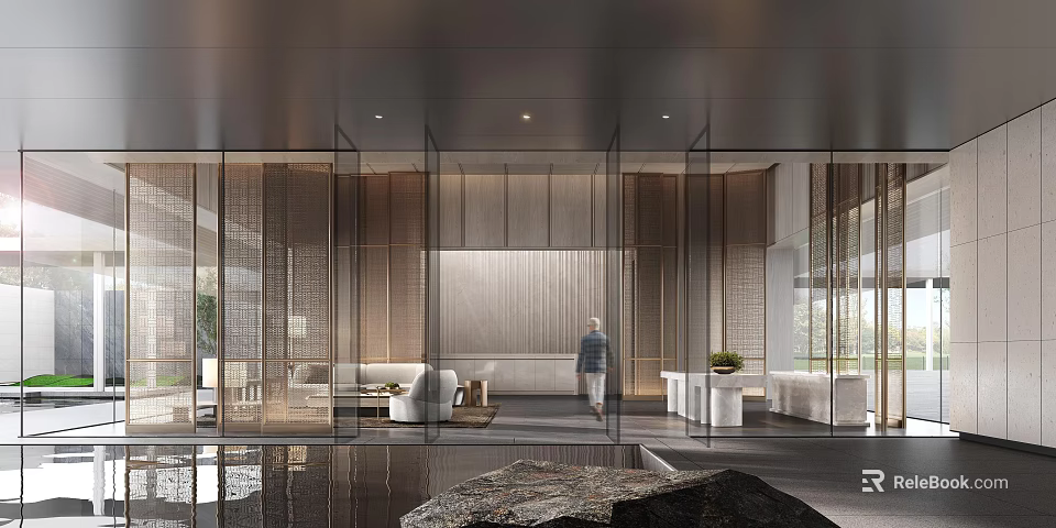 Modern Exhibition Hall Interior Featuring Glass Curtain Wall Sofa Green Plant And Reflective Floor 3d model 