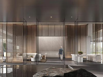 Modern Exhibition Hall Interior Featuring Glass Curtain Wall Sofa Green Plant And Reflective Floor 3d model