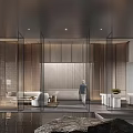 Modern Exhibition Hall Interior Featuring Glass Curtain Wall Sofa Green Plant And Reflective Floor