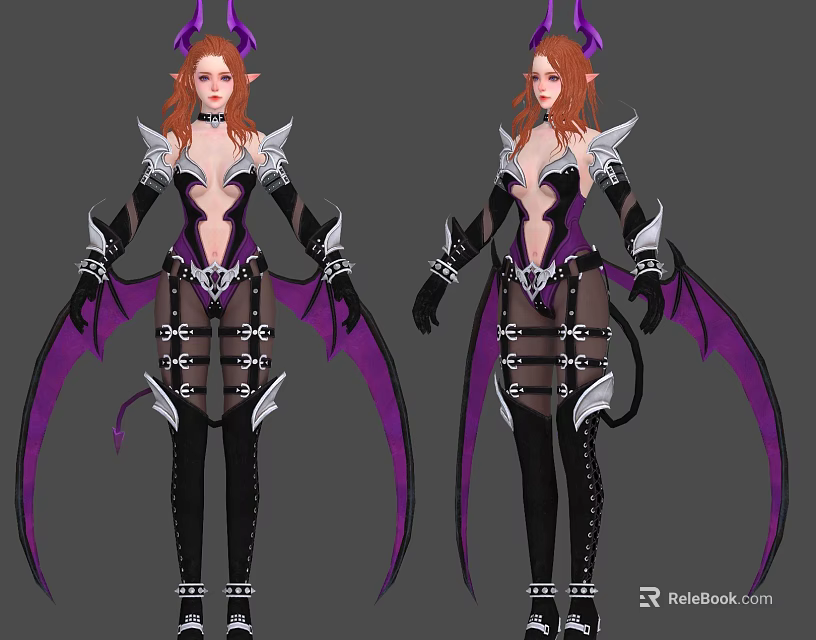 Game Movie Character Red Haired With Purple Horns Wings Tail In Black Purple Outfit 3d model 