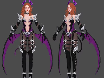 Game Movie Character Red Haired With Purple Horns Wings Tail In Black Purple Outfit 3d model