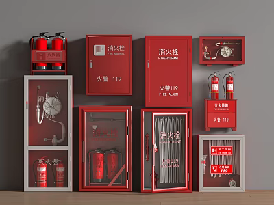 Various Fire Fighting Equipment with Red Fire Extinguishers Hydrants Cabinets and Hoses 3d model