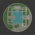 Ancient Architecture Scene Featuring Blue Roof Yellow Walls Symmetrical Design Green Lawns And Pathways