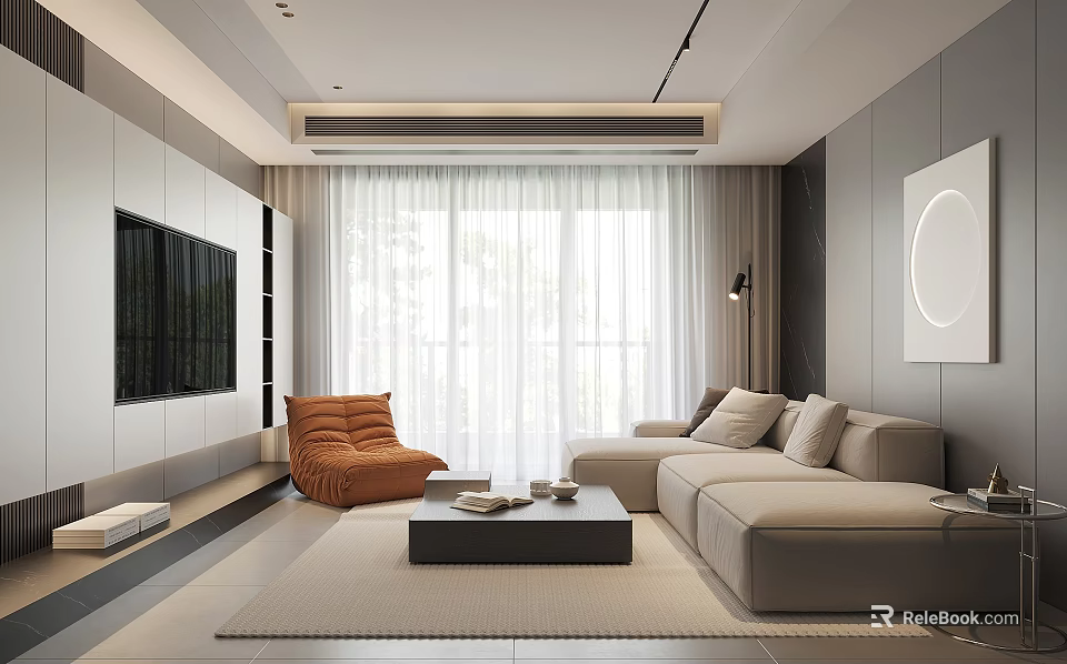 Modern Living Room Interior Design With Gray Sofa Orange Accent Chair And Large Windows 3d model 