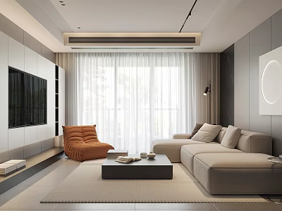 Modern Living Room Interior Design With Gray Sofa Orange Accent Chair And Large Windows 3d model