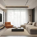 Modern Living Room Interior Design With Gray Sofa Orange Accent Chair And Large Windows