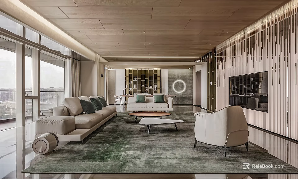 Modern Living Room Interior With Beige Sofa Coffee Table Green Rug And Large Windows 3d model 