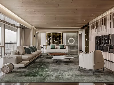Modern Living Room Interior With Beige Sofa Coffee Table Green Rug And Large Windows 3d model