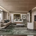 Modern Living Room Interior With Beige Sofa Coffee Table Green Rug And Large Windows