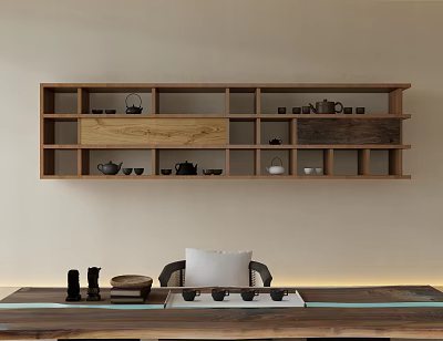 Natural Style Interior With Wall Mounted Wooden Shelf Tea Sets And Table Chair 3d model