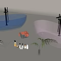 Transparent Oval Bathtubs in Blue and Purple with Aromatic Bottles Slippers and Palm Leaf Decor