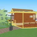 Outdoor Dining Space With Glass Roof Yellow Columns Wooden Railing And Red Brick Building