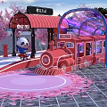 Cherry Blossom Station With Red Train Pink Trees Blue Arch Astronaut Panda Dolls Pink Petals