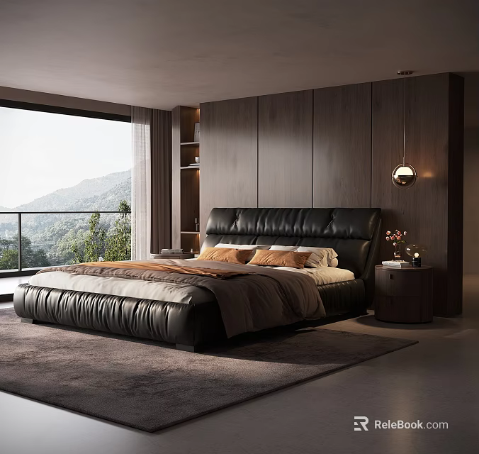 Modern Black Leather Double Bed in Bedroom with Dark Wooden Wall Nightstand and Mountain View 3d model 