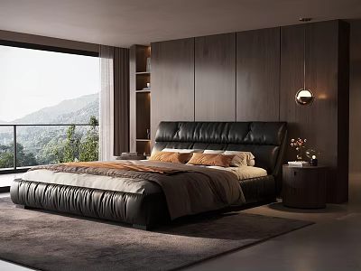 Modern Black Leather Double Bed in Bedroom with Dark Wooden Wall Nightstand and Mountain View 3d model
