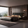 Modern Black Leather Double Bed in Bedroom with Dark Wooden Wall Nightstand and Mountain View