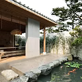 Tranquil Japanese Garden With Wooden Pavilion Pond Koi Fish Stones And Lotus Leaves