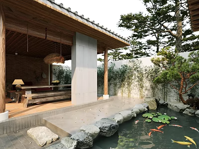Tranquil Japanese Garden With Wooden Pavilion Pond Koi Fish Stones And Lotus Leaves 3d model