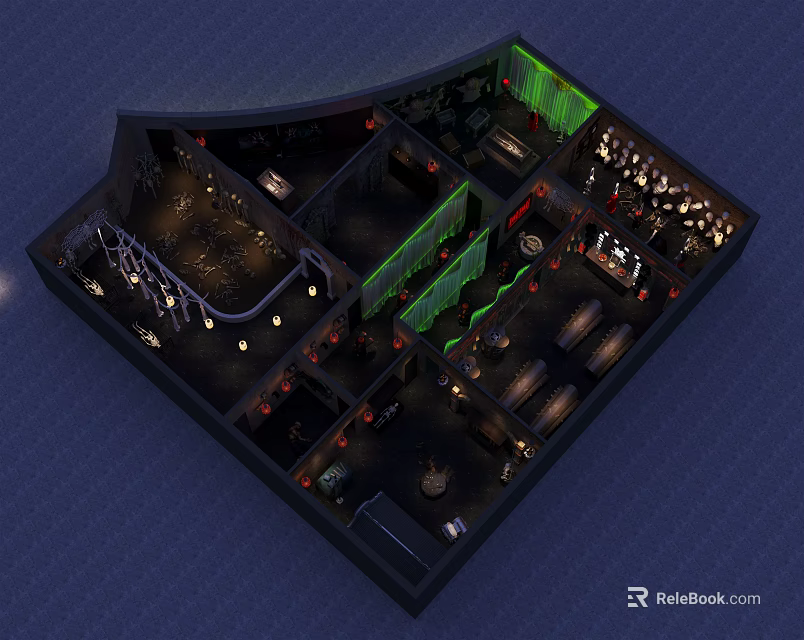 Modern Bar Interior Design With Curved Structure Green Lighting And Seating Areas 3d model 