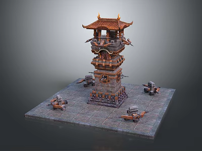 Traditional Chinese Multi tiered Tower With Pavilion Roof Golden Decorations And Stone Base Sculptures 3d model