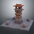 Traditional Chinese Multi tiered Tower With Pavilion Roof Golden Decorations And Stone Base Sculptures